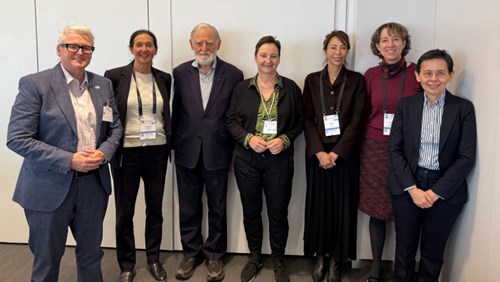 (L to R) CEO Karen Price are Professor Prue Francis AM, Professor Alan Coates AM, IBCSG Director Anita Hiltbrunner, Professor Sherene Loi, Dr Meredith Regan, and Professor Boon Chua at the SGBCC 2025